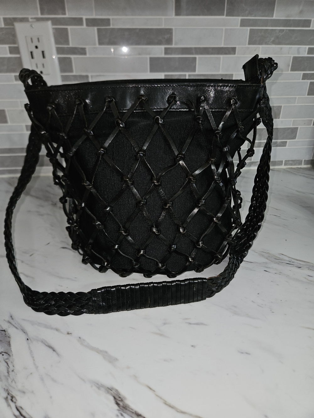 Source Unknown Black Braided Lattice Crossbody Bucket Bag